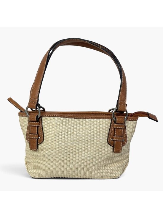 Fossil Beige Straw & Brown Leather Shoulder Bag With Striped Interior Double Str